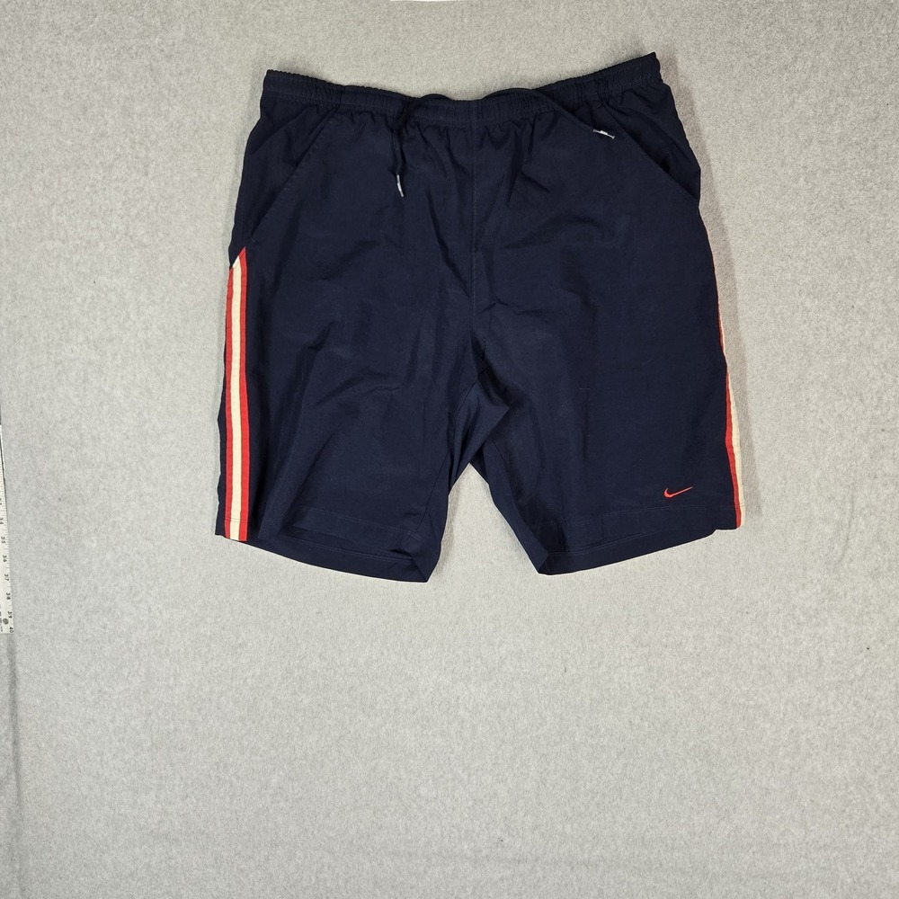 VINTAGE Nike Men Swimwear XL Navy Swim Trunks Red Mini‎ Swoosh Embroidered
